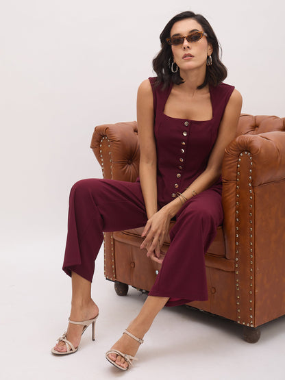 Women's Burgundy Rhombus Neck Top With Cross Pocket Pants