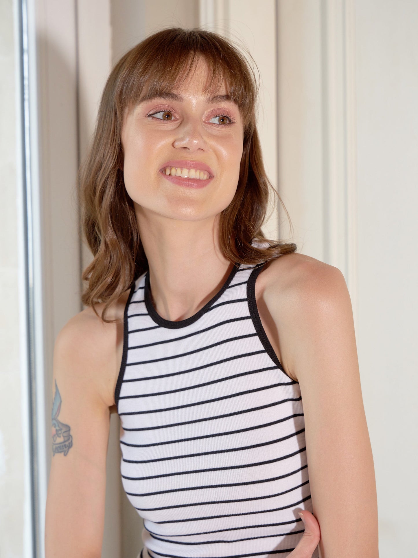Women's White & Black Rib Striped Top With Black Printed Jogger