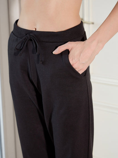 Women's White & Black Rib Striped Top With Black Printed Jogger