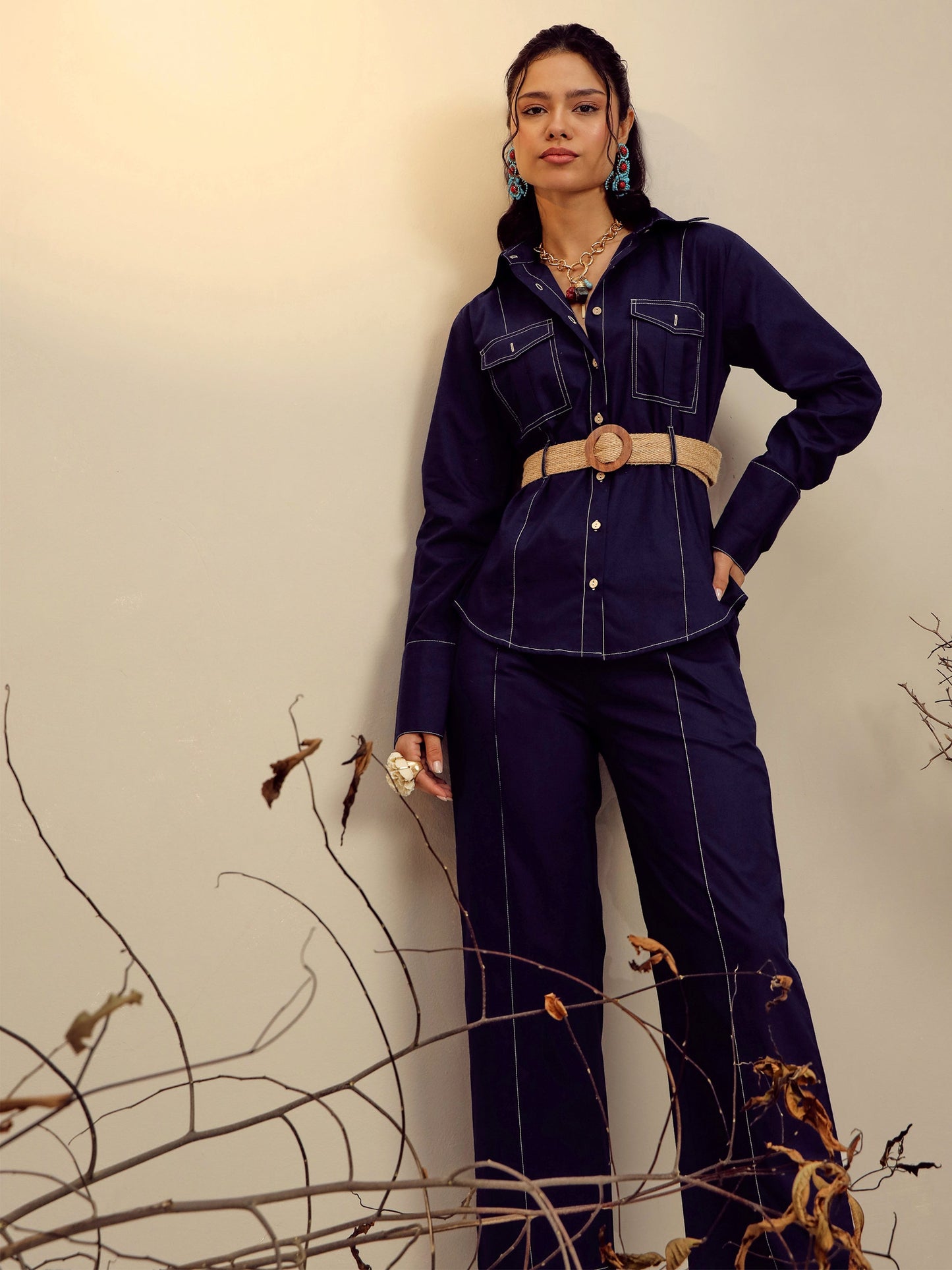 Women's Navy Poplin Belted Shirt With Straight Pants