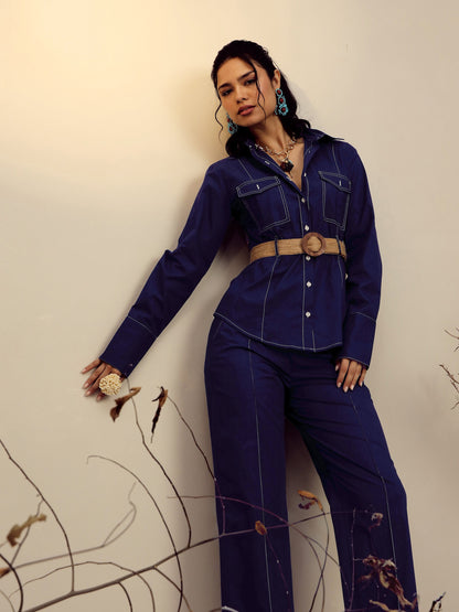 Women's Navy Poplin Belted Shirt With Straight Pants