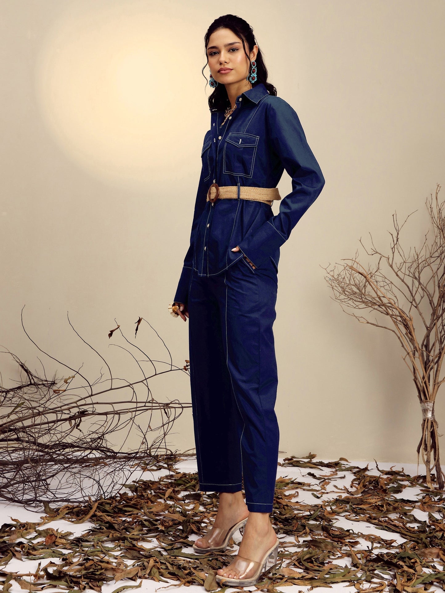 Women's Navy Poplin Belted Shirt With Straight Pants