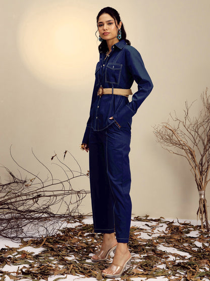 Women's Navy Poplin Belted Shirt With Straight Pants