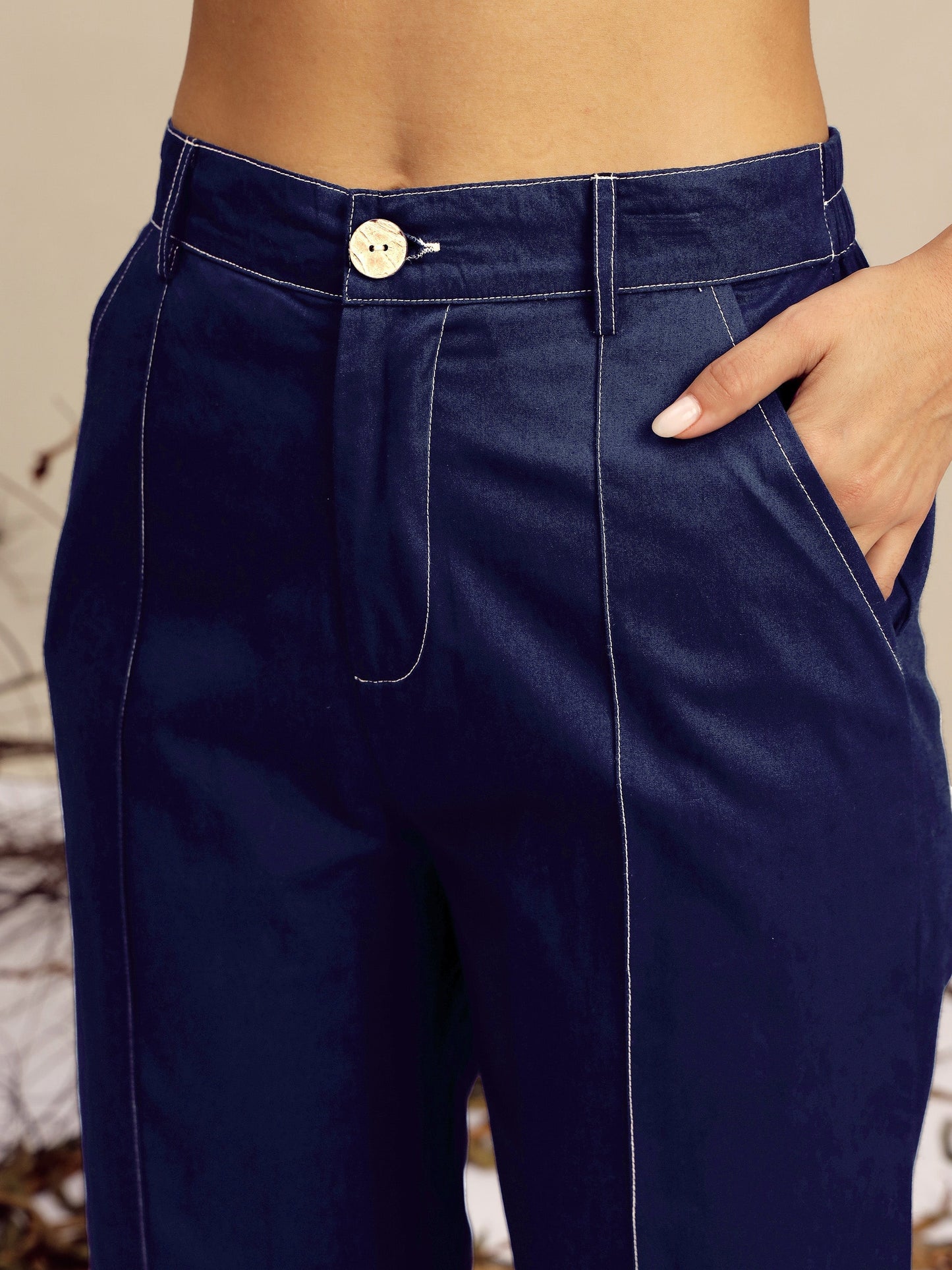 Women's Navy Poplin Belted Shirt With Straight Pants