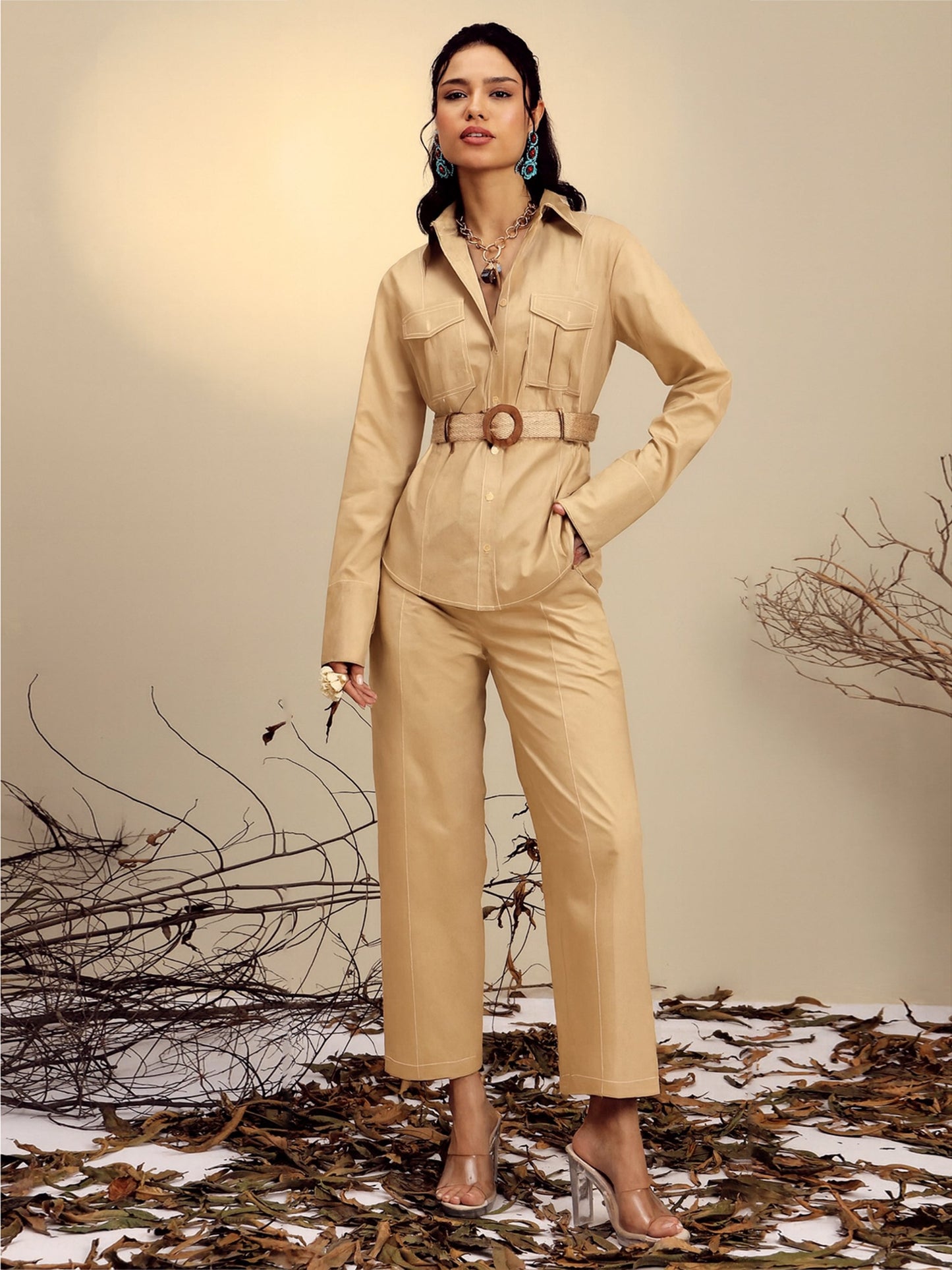 Women's Beige Poplin Belted Shirt With Straight Pants