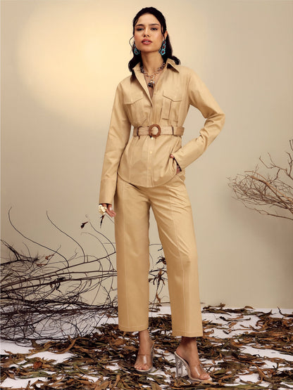 Women's Beige Poplin Belted Shirt With Straight Pants