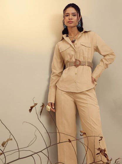 Women's Beige Poplin Belted Shirt With Straight Pants
