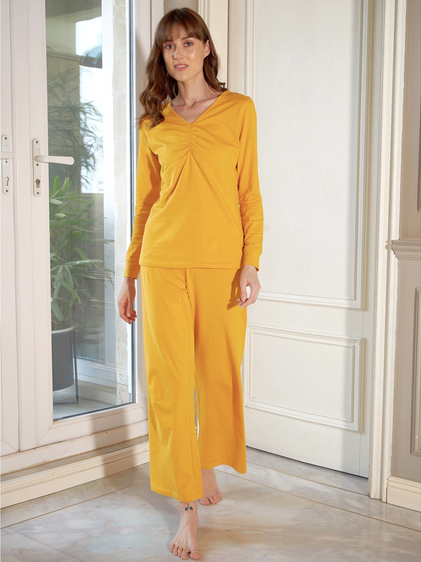Women's Mustard Ruched T-Shirt With Lounge Pants