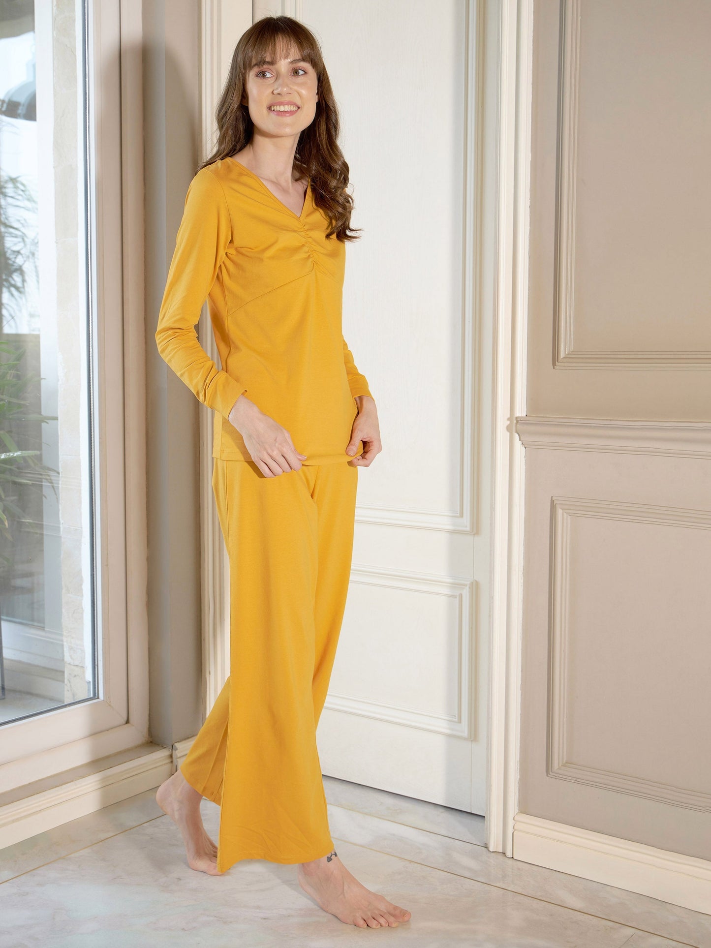 Women's Mustard Ruched T-Shirt With Lounge Pants