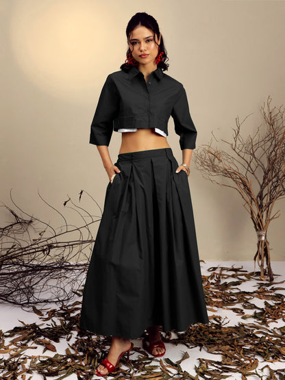 Women's Black Poplin Crop Shirt With Pleated Skirt