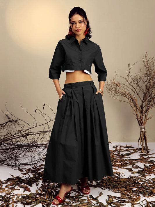 Women's Black Poplin Crop Shirt With Pleated Skirt