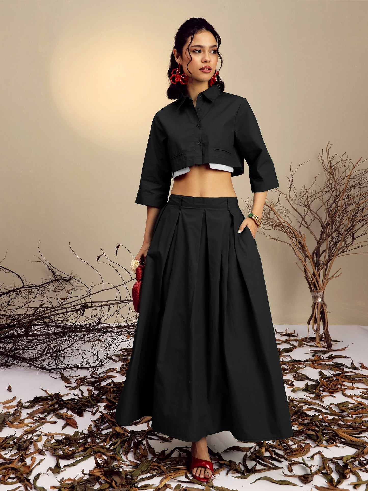 Women's Black Poplin Crop Shirt With Pleated Skirt