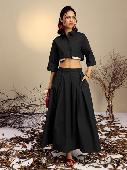 Women's Black Poplin Crop Shirt With Pleated Skirt