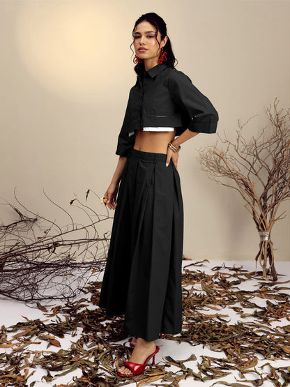 Women's Black Poplin Crop Shirt With Pleated Skirt