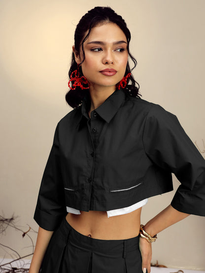 Women's Black Poplin Crop Shirt With Pleated Skirt