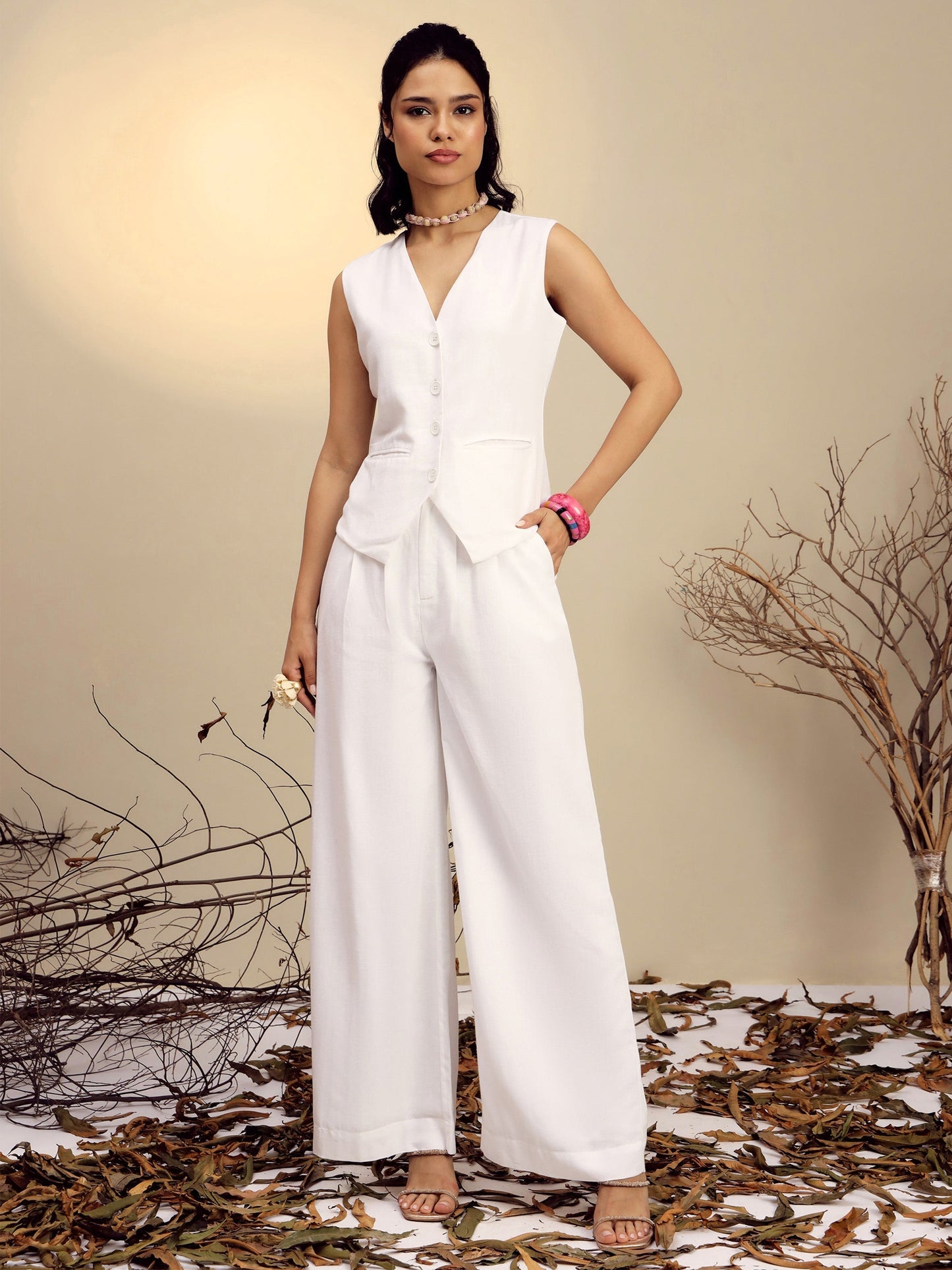 Women's White Vest Top With Straight Pants