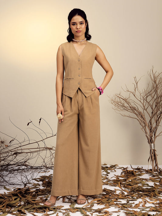 Women's Beige Vest Top With Straight Pants