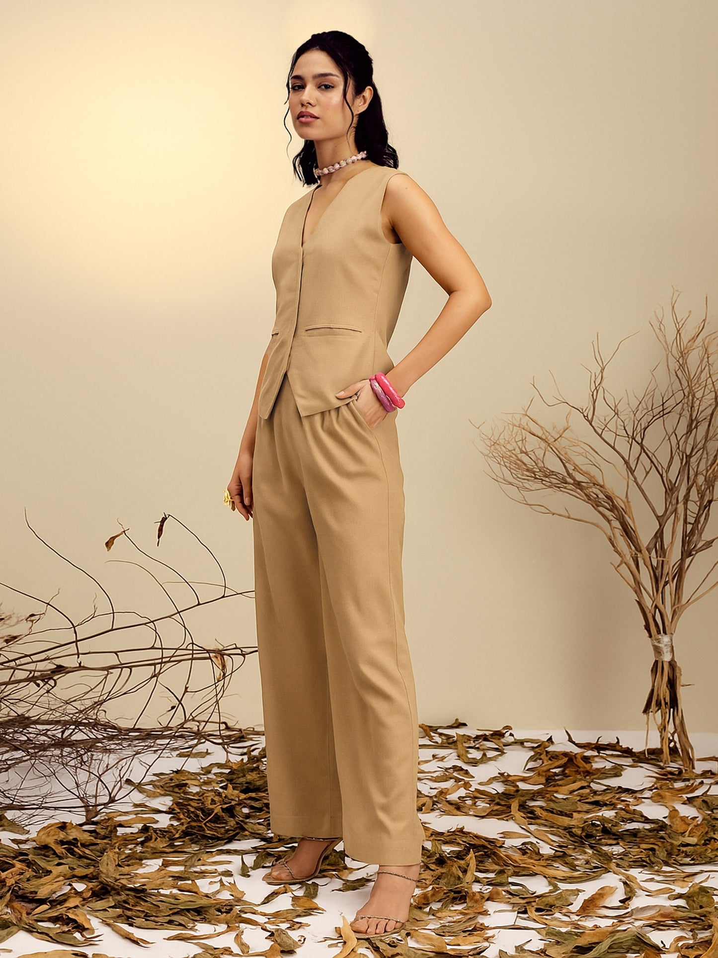 Women's Beige Vest Top With Straight Pants