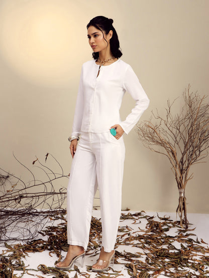 Women's White Full Sleeves Top With Mom Fit Pants