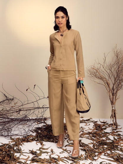 Women's Beige Full Sleeves Top With Mom Fit Pants