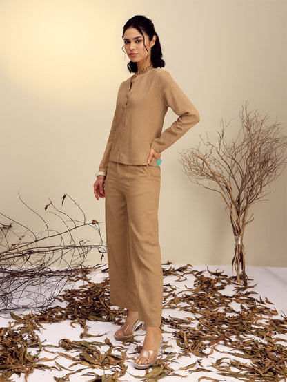 Women's Beige Full Sleeves Top With Mom Fit Pants