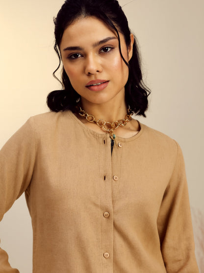 Women's Beige Full Sleeves Top With Mom Fit Pants