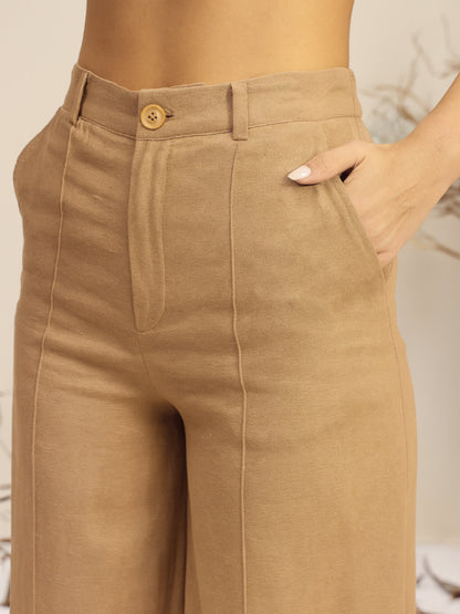 Women's Beige Full Sleeves Top With Mom Fit Pants