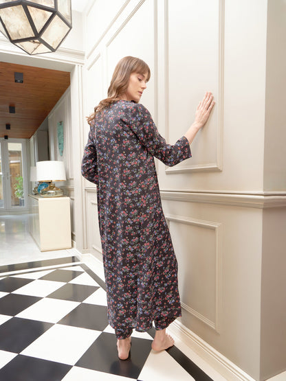 Women's Black Floral Longline Shrug With Lounge Pants & Rib Top