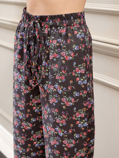 Women's Black Floral Longline Shrug With Lounge Pants & Rib Top