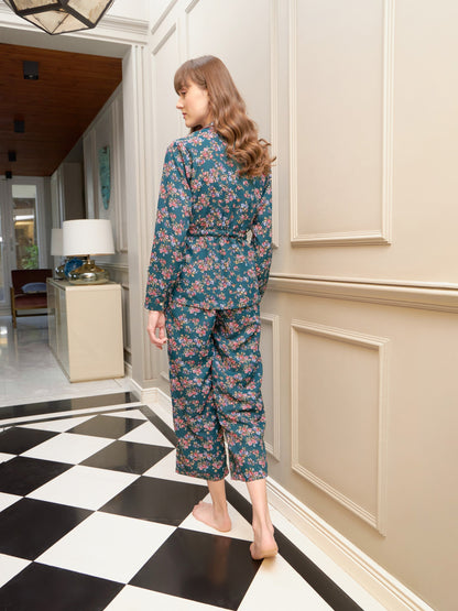 Women's Green Floral Notch Shirt With Lounge Pants & Strappy Top