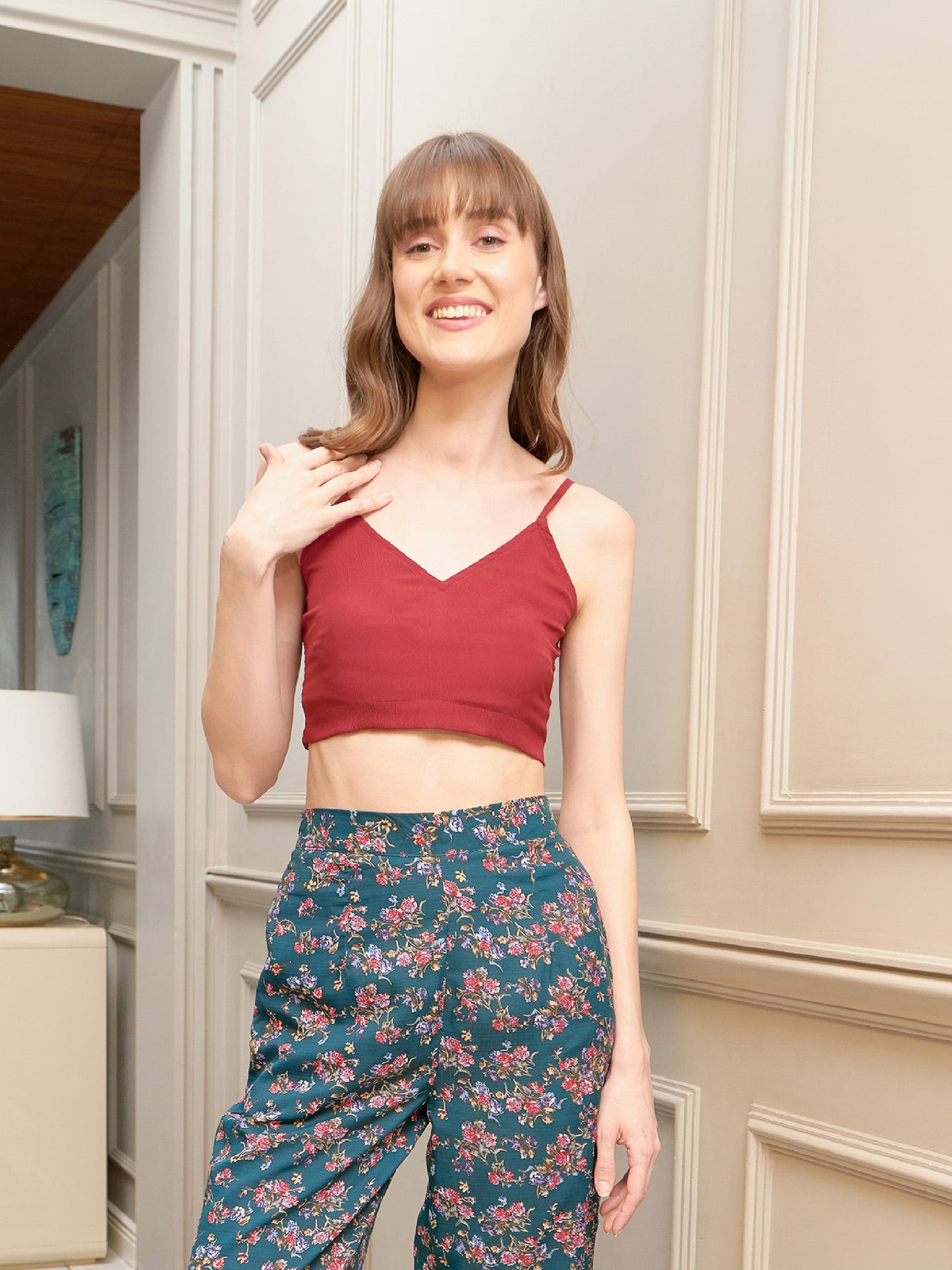 Women's Green Floral Notch Shirt With Lounge Pants & Strappy Top