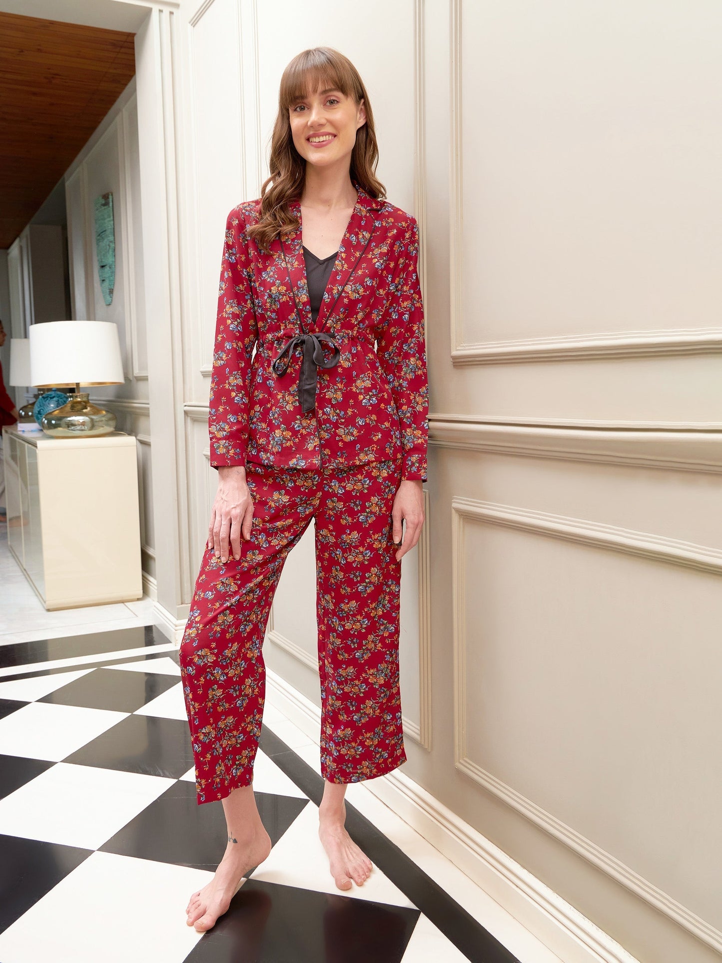Women's Red Floral Notch Shirt With Lounge Pants & Strappy Top