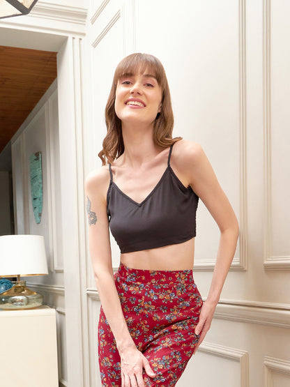 Women's Red Floral Notch Shirt With Lounge Pants & Strappy Top