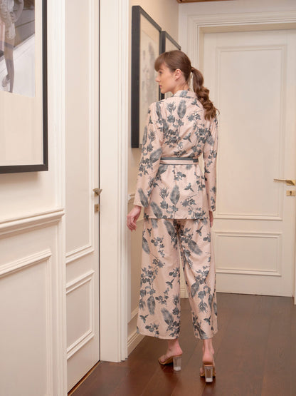 Women's Beige Floral Notch Collar Shirt With Lounge Pants