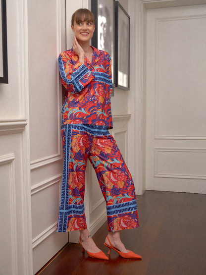 Women's Red Floral Notch Collar Shirt With Lounge Pants