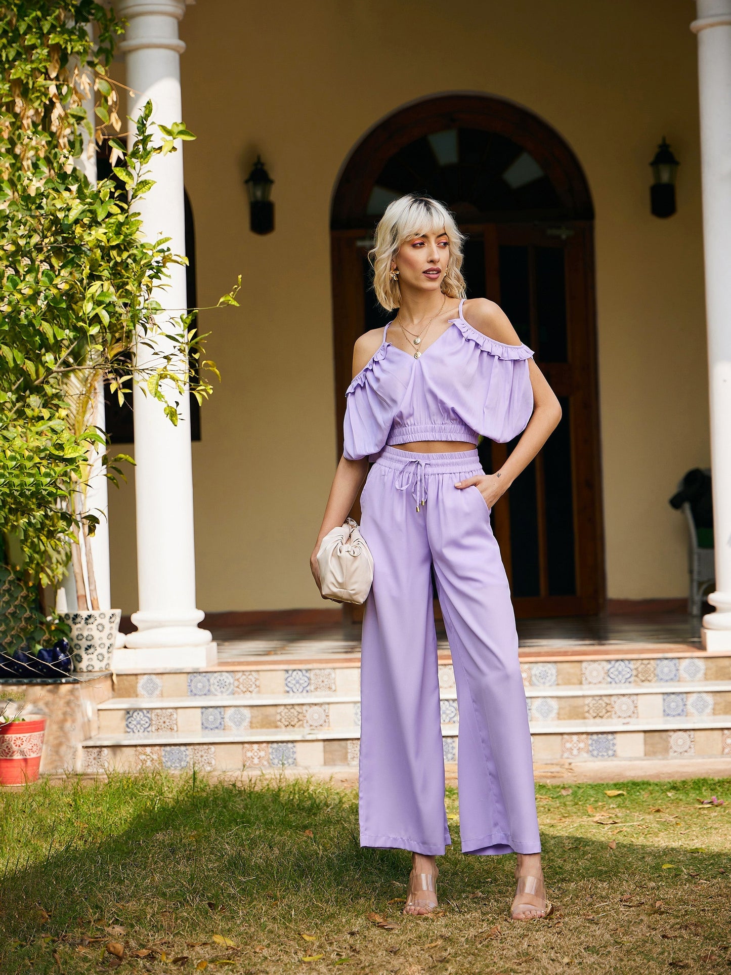 Women's Lavender Strappy V-Neck Crop Top With Palazzos