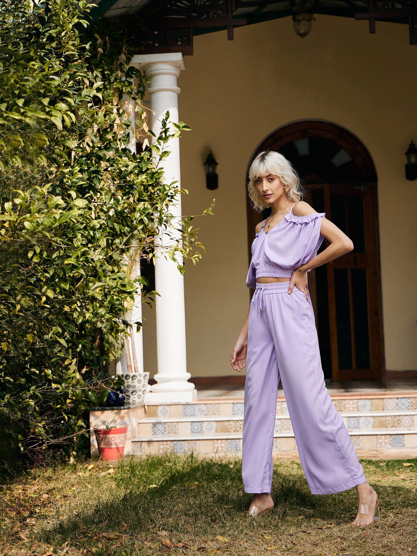 Women's Lavender Strappy V-Neck Crop Top With Palazzos