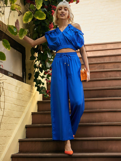Women's Royal Blue Strappy V-Neck Crop Top With Palazzos