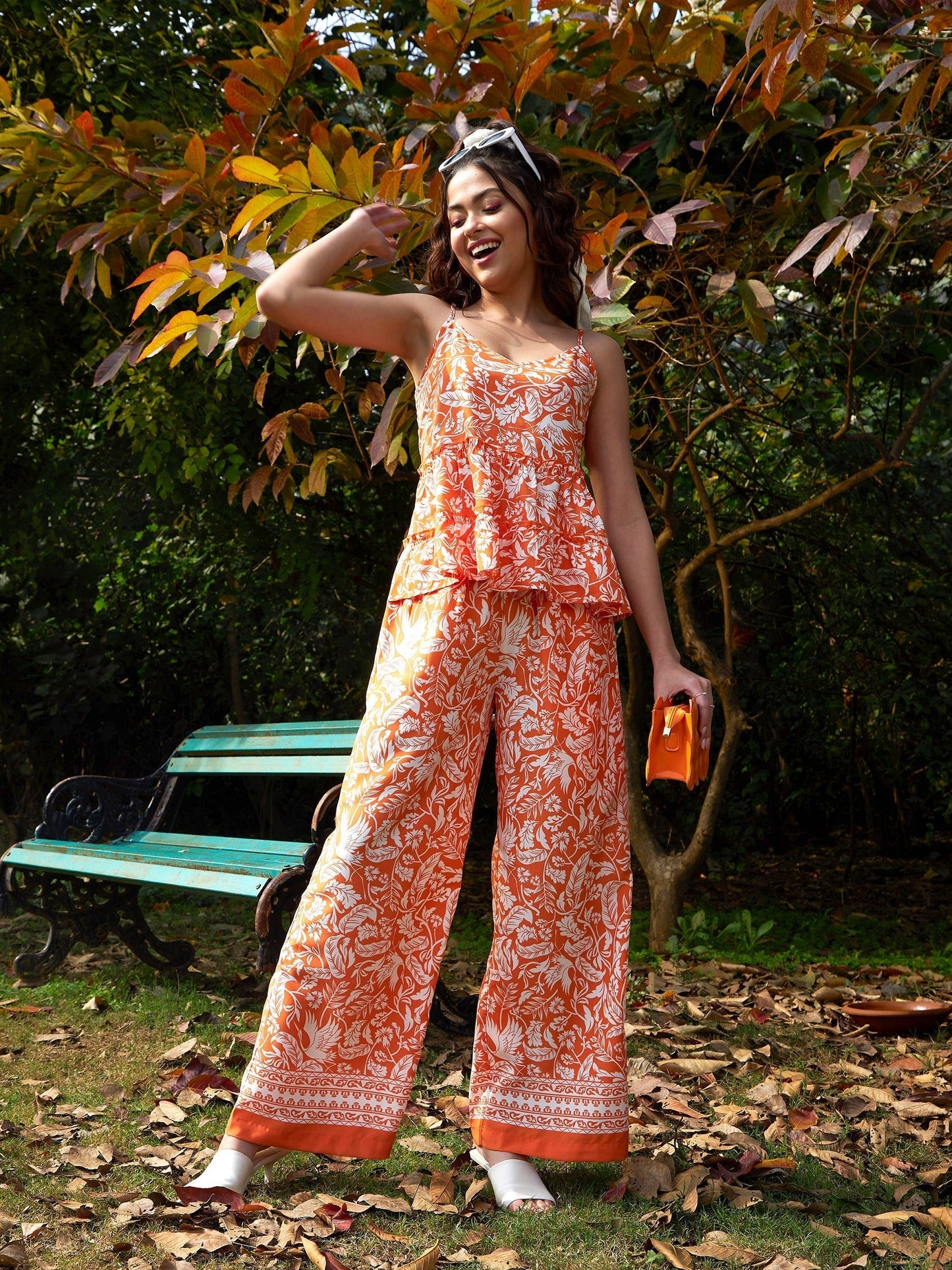 Women's Orange Floral Strappy Top With Palazzos