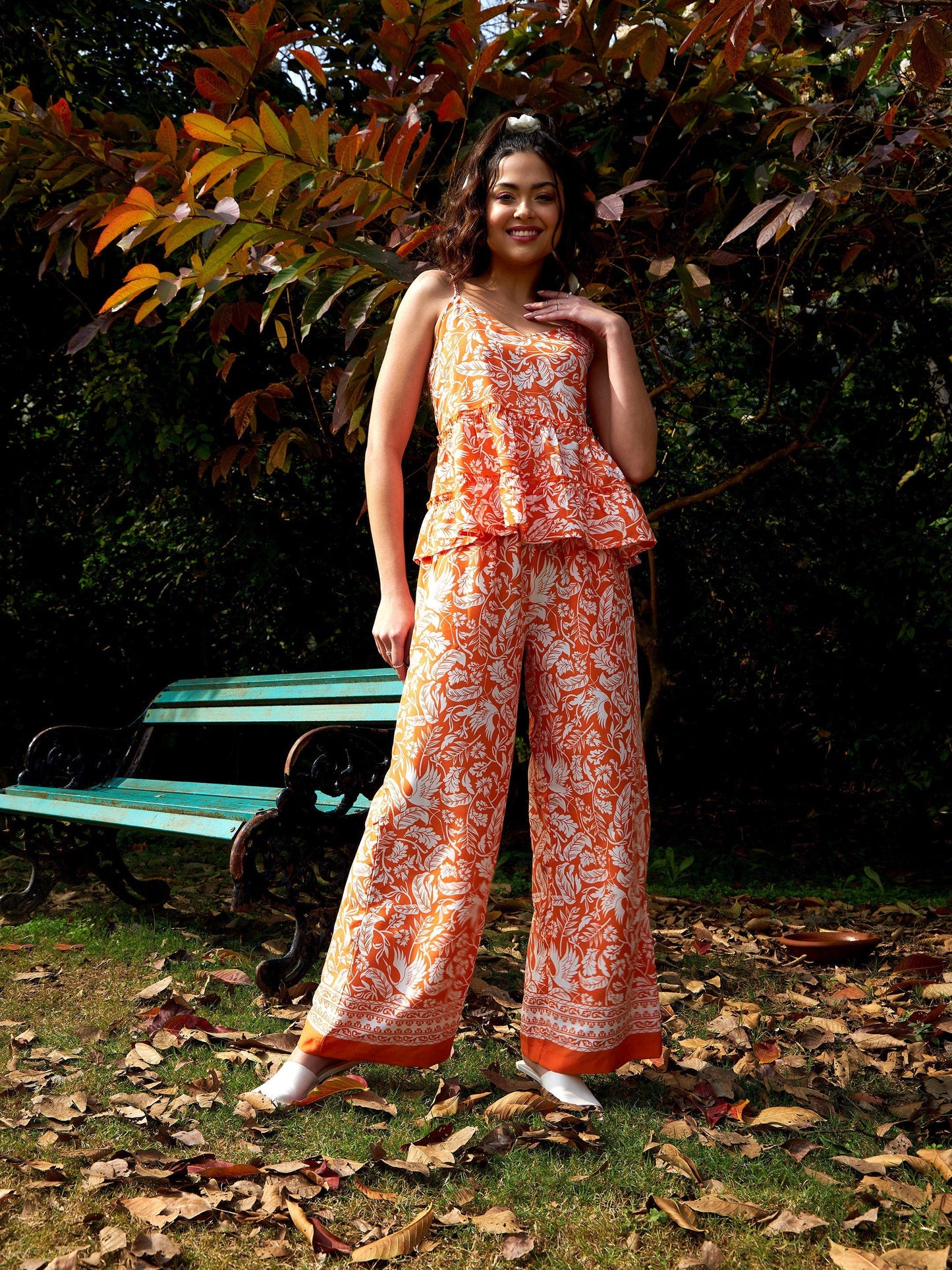 Women's Orange Floral Strappy Top With Palazzos