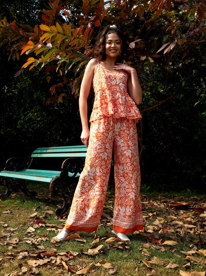 Women's Orange Floral Strappy Top With Palazzos
