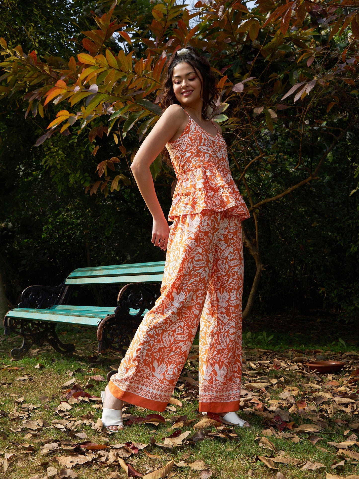 Women's Orange Floral Strappy Top With Palazzos