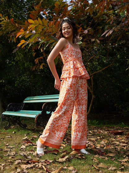 Women's Orange Floral Strappy Top With Palazzos