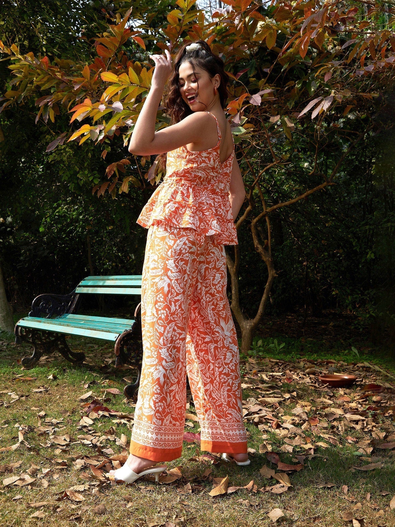 Women's Orange Floral Strappy Top With Palazzos