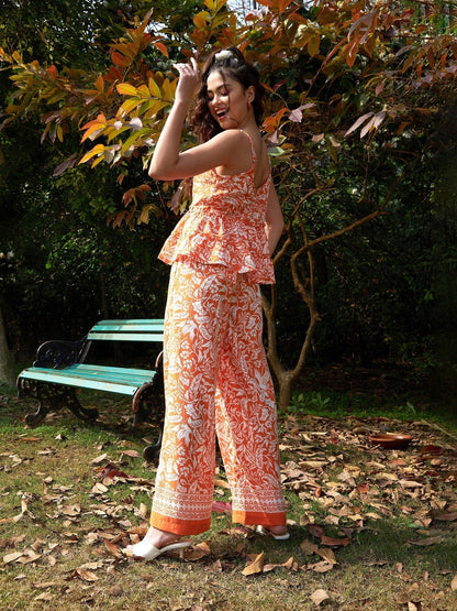 Women's Orange Floral Strappy Top With Palazzos