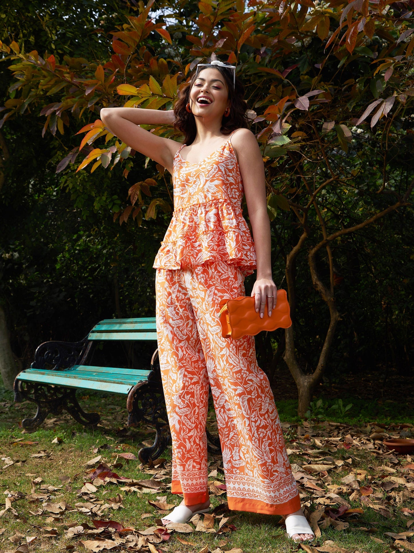 Women's Orange Floral Strappy Top With Palazzos