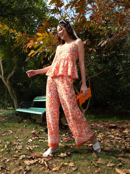 Women's Orange Floral Strappy Top With Palazzos