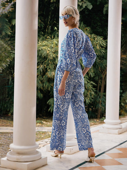 Women's Blue Floral Wrap Top With Palazzos