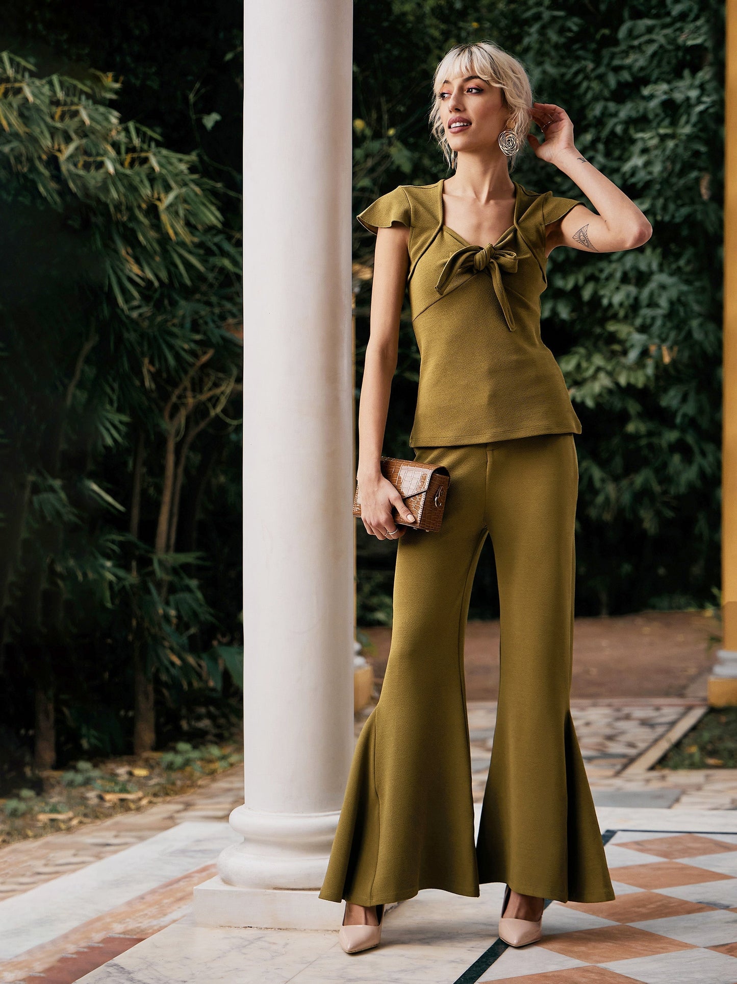 Women's Olive Tie-Knot Top With Kick Pleat Pants