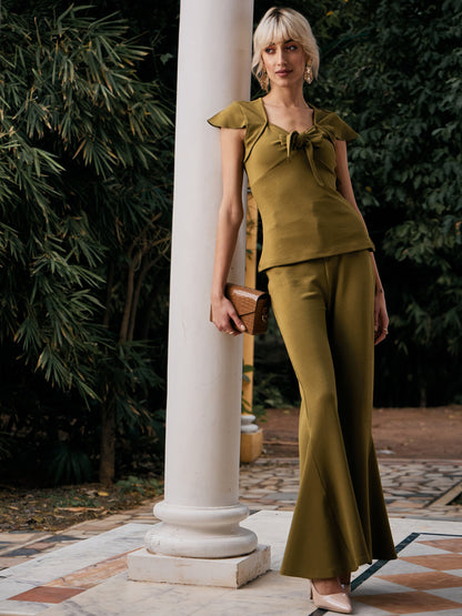 Women's Olive Tie-Knot Top With Kick Pleat Pants